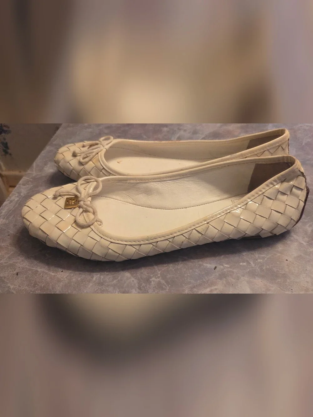 Tory Burch White Woven Patent Ballet Flats